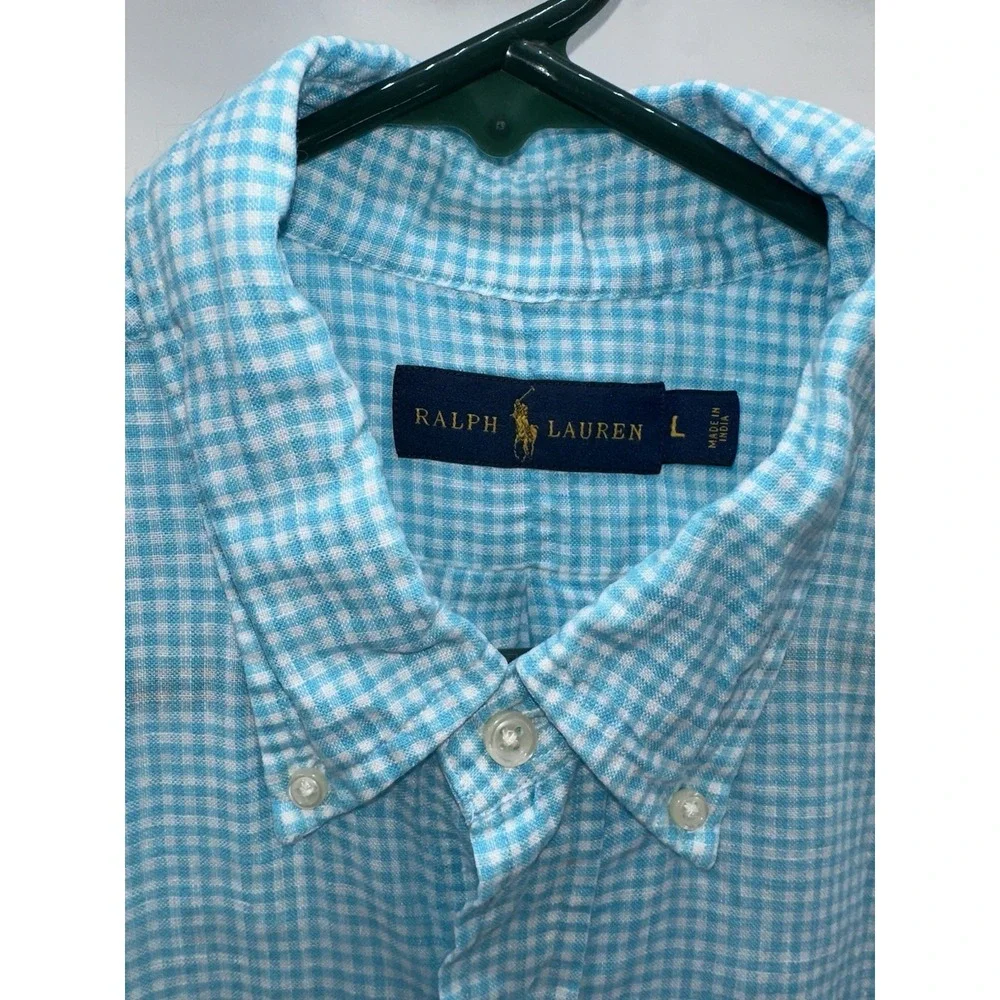 Polo Ralph Lauren Large Light Blue Gingham Check‎ Linen Button Down Short Sleeve